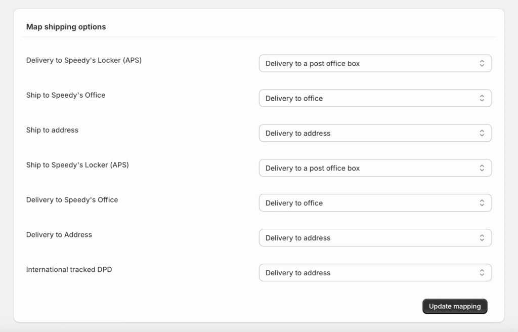 Mapping shopify for Speedy