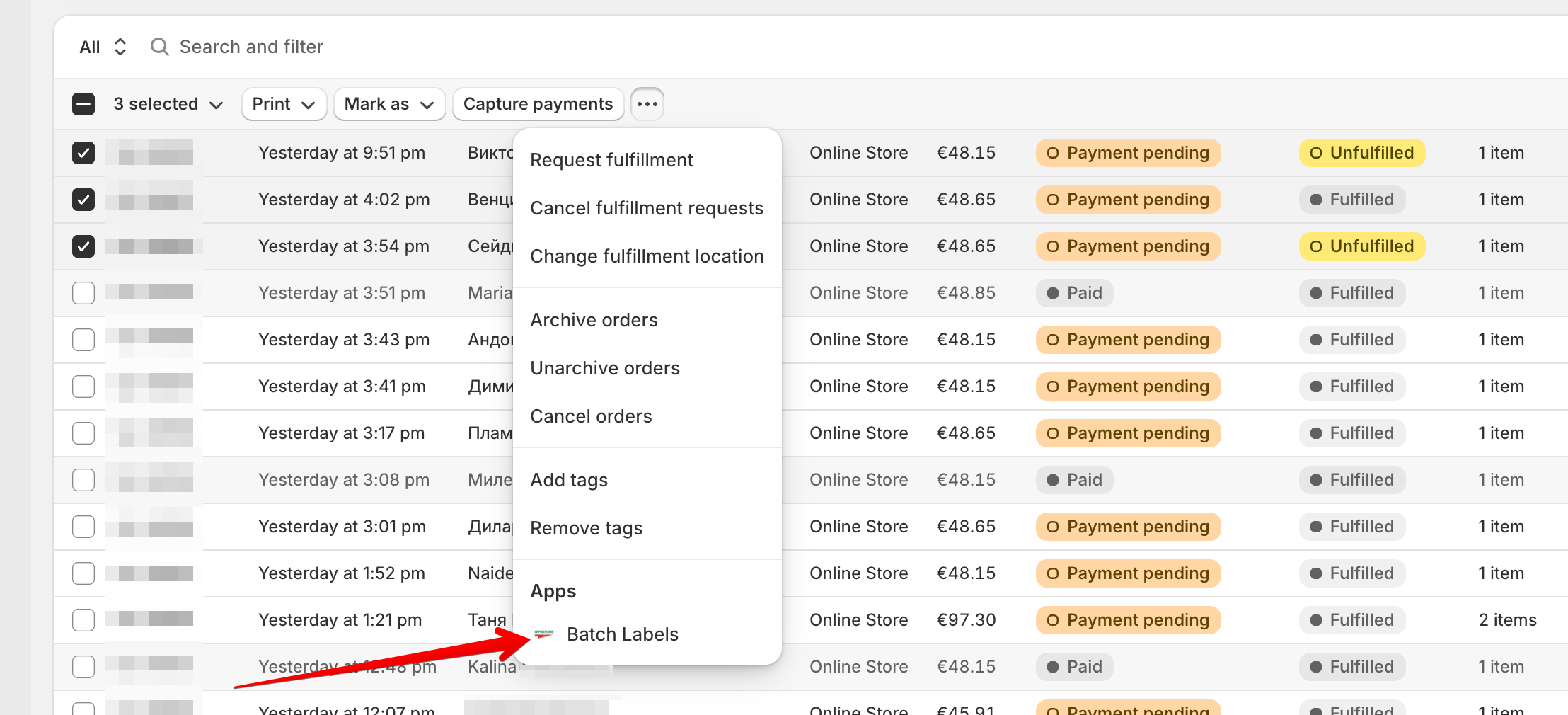 Избор на Shopify поръчки и отваряне на Batch Labels