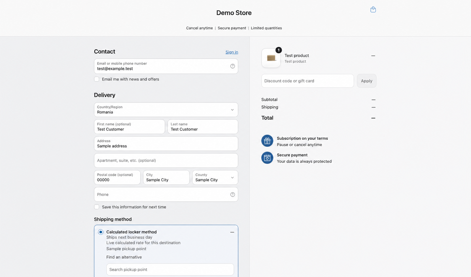Анонимизиран реален Shopify checkout с върнат locker метод за Румъния