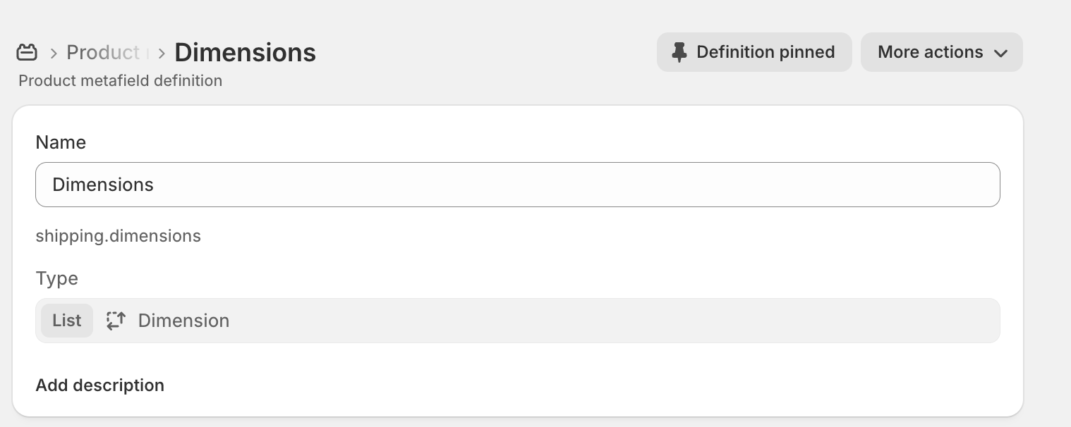 Създаване на Shopify метаполе shipping.dimensions